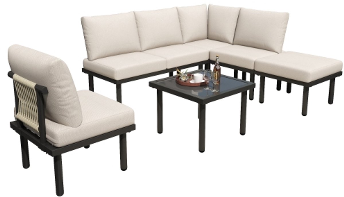 Gotagee beige tuinloungeset met glazen tafelblad en kussens, 6-delige set.