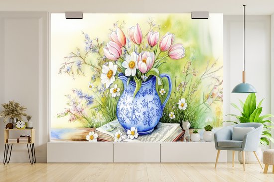 Behang - Fotobehang Vaas - Delftsblauw - Madeliefjes - Breedte 400 cm x hoogte 300 cm