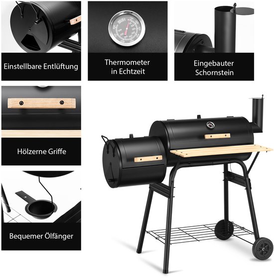COSTWAY Houtskoolgrill met deksel, grillwagen met wielen, zijvuurbox, zijtafel, plank, houten handgrepen, thermometer, houtskoolgrill voor camping, terras, tuin van Merkloos — afbeelding 4