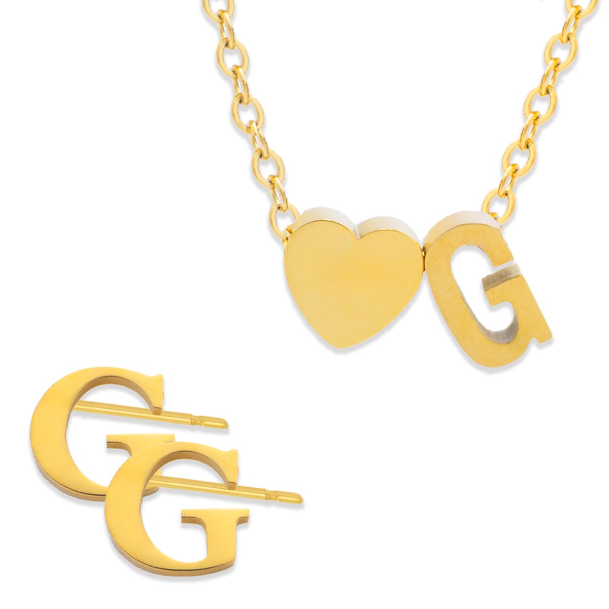 Initiaal Ketting & Oorbellen set met Letter G Goudkleurig - Stainless Steel - Met letter & Hartje! - 2x Sieraden Cadeau - Pax Amare