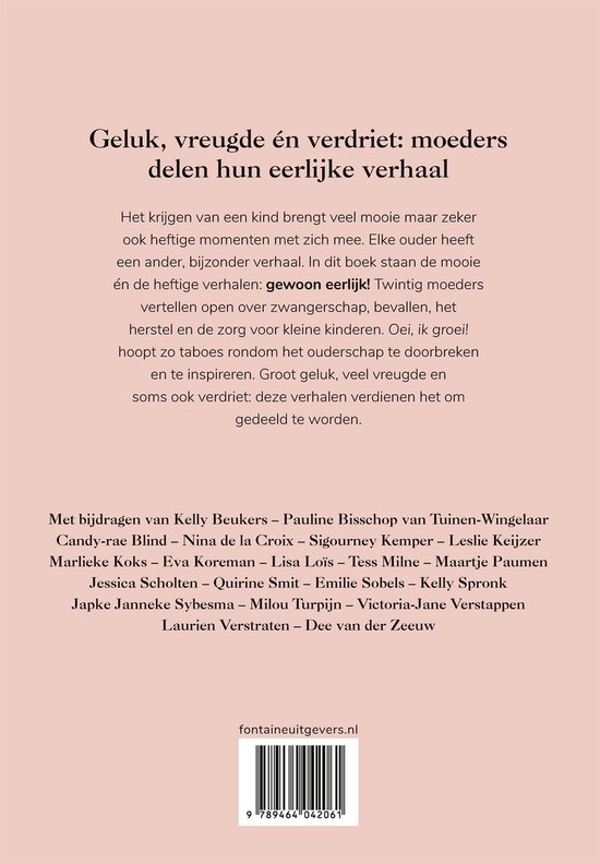 Boekomslag met titel 'Geluk, vreugde én verdriet: moeders delen hun eerlijke verhaal'. Lijst van bijdragers onderaan.