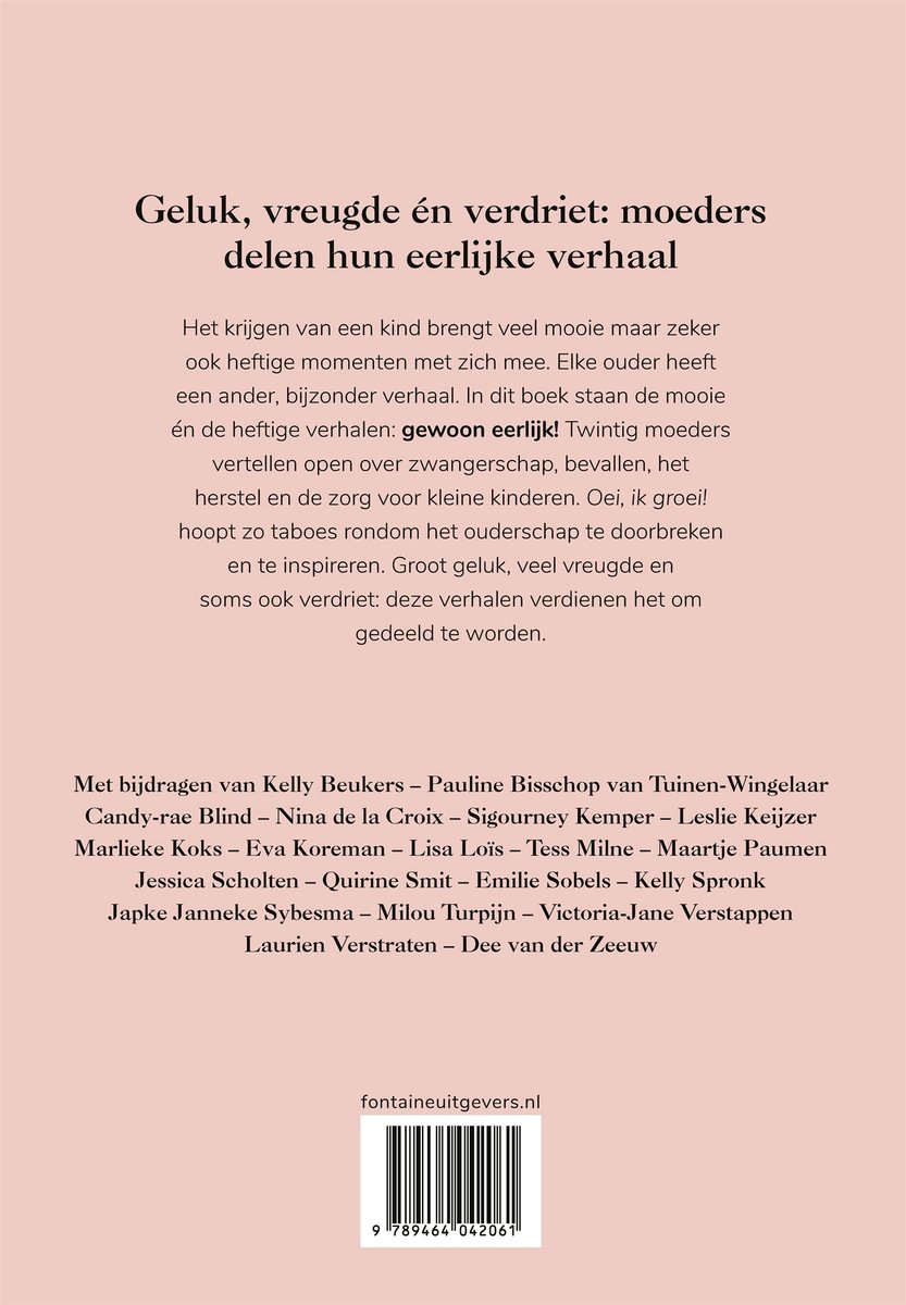 Boekomslag met titel 'Geluk, vreugde én verdriet: moeders delen hun eerlijke verhaal'. Lijst van bijdragers onderaan.
