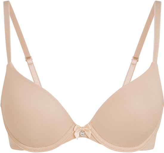 Nude voorgevormde beha met strikje en diamantje, studio-opname.