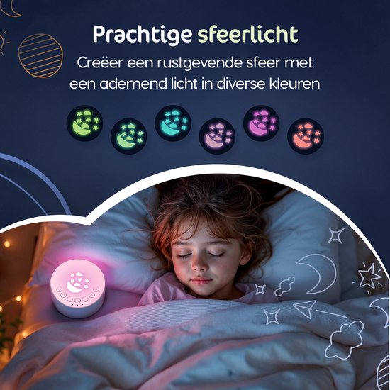 LUSQ® - White Noise Machine Baby met Nachtlampje - 18 Geluiden - Witte Ruis & Kleurrijk Licht - Slaapmachine met Timer en USB-C Oplaadbaar - Nachtlampje voor Kinderen met Witte Ruis van LUSQ® — afbeelding 2