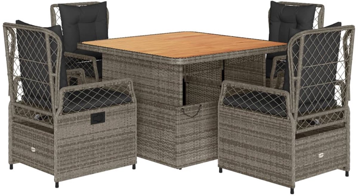 Grijze poly rattan tuinset met kussens en eetkamerstoelen - Buitentijd in stijl.