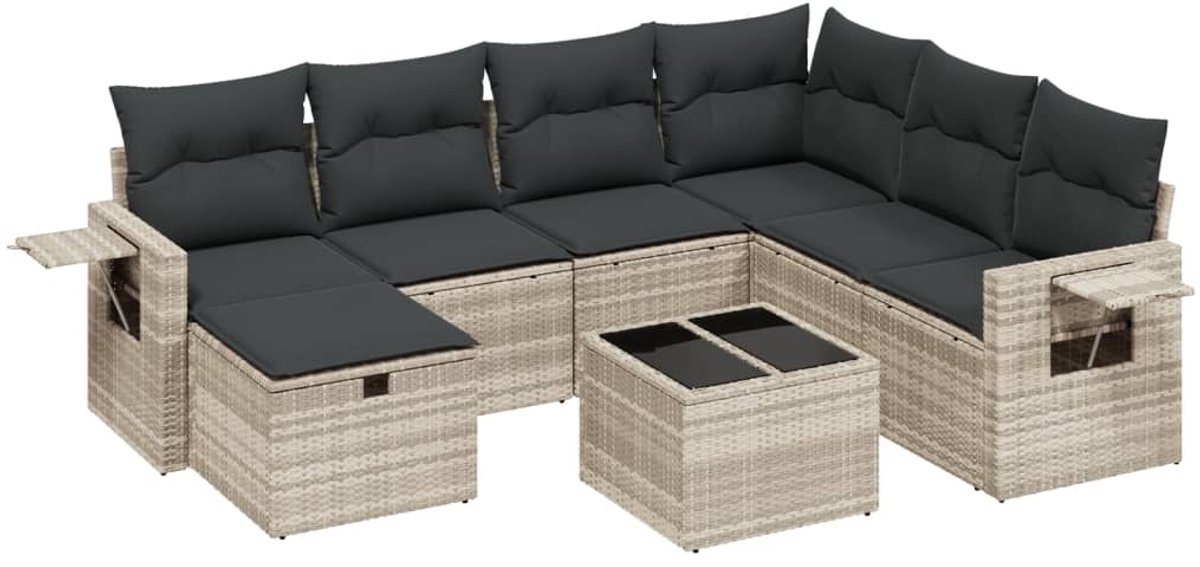 The Living Store 8-delige Loungeset met kussens poly rattan lichtgrijs - Loungebank - Tuinstoel - Lounge Set - Buitendecoratie - Outdoor Furniture