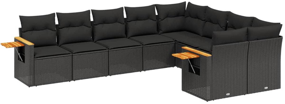 Zwart poly rattan loungeset met kussens voor buiten - The Living Store.