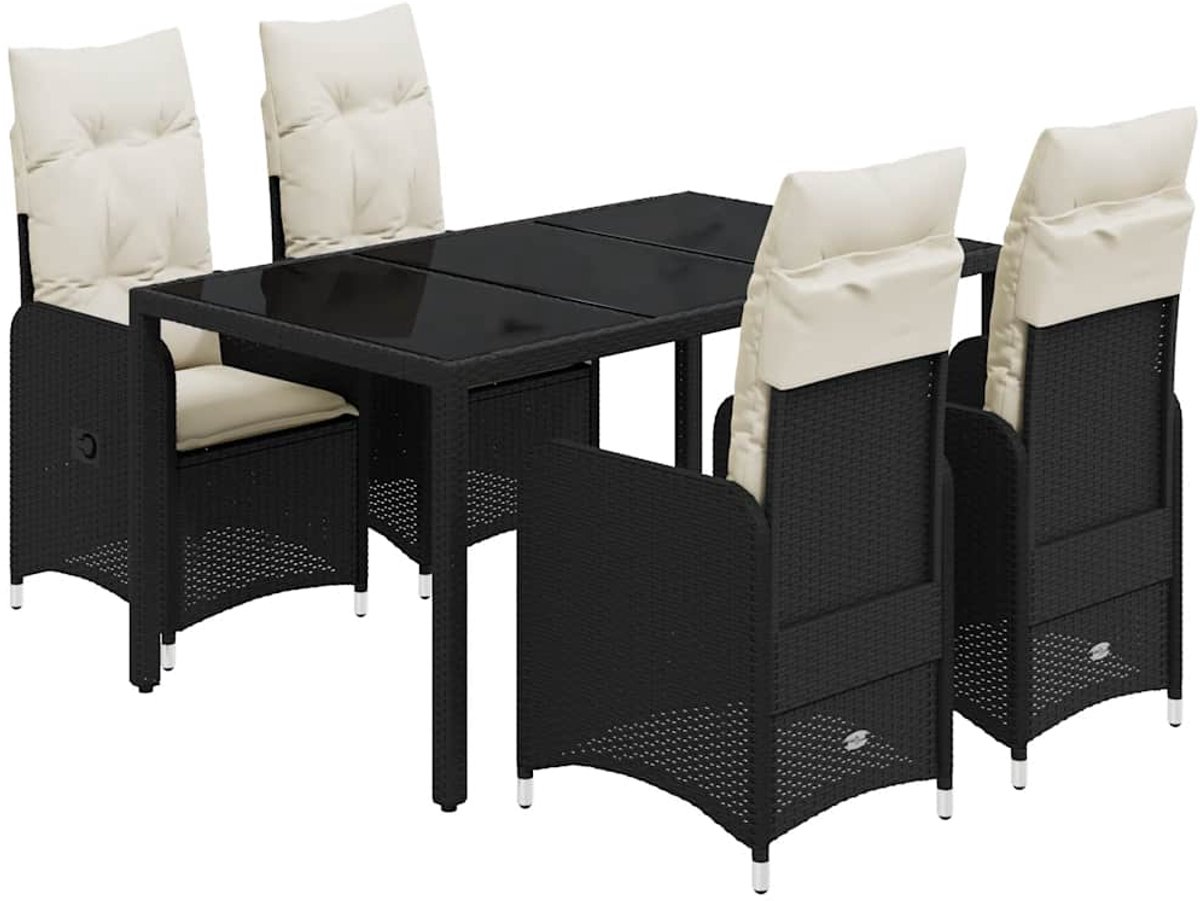 The Living Store 5-delige Bistroset met kussens poly rattan zwart - Tuinstoel - Bistroset - Lounge Set - Buitendecoratie - Poly Rattan