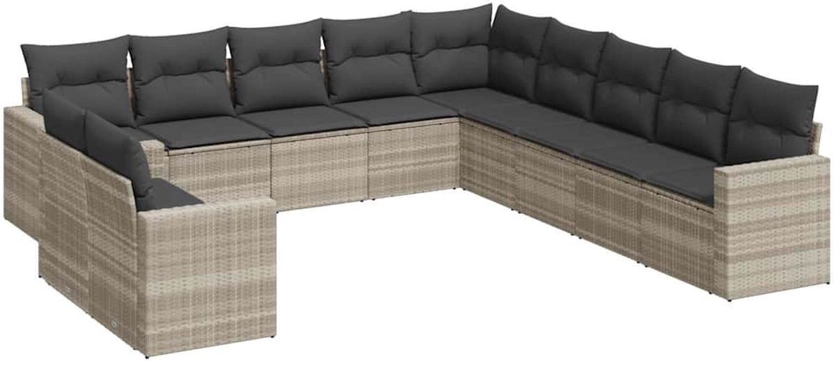 The Living Store 11-delige Loungeset met kussens poly rattan lichtgrijs - Tuinlounge - Lounge Set - Buitendiner - Tuinset - Loungebank