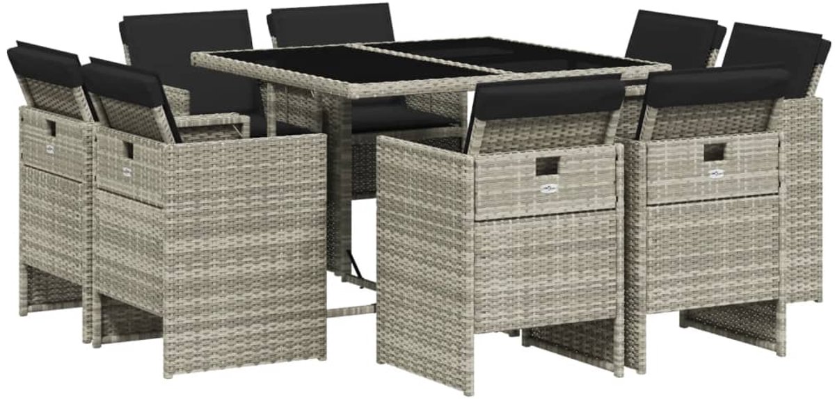 The Living Store 9-delige Tuinset met kussens poly rattan lichtgrijs - Tuinset - Buitendecoratie - Eetkamerset - Lounge Set - Patio Furniture