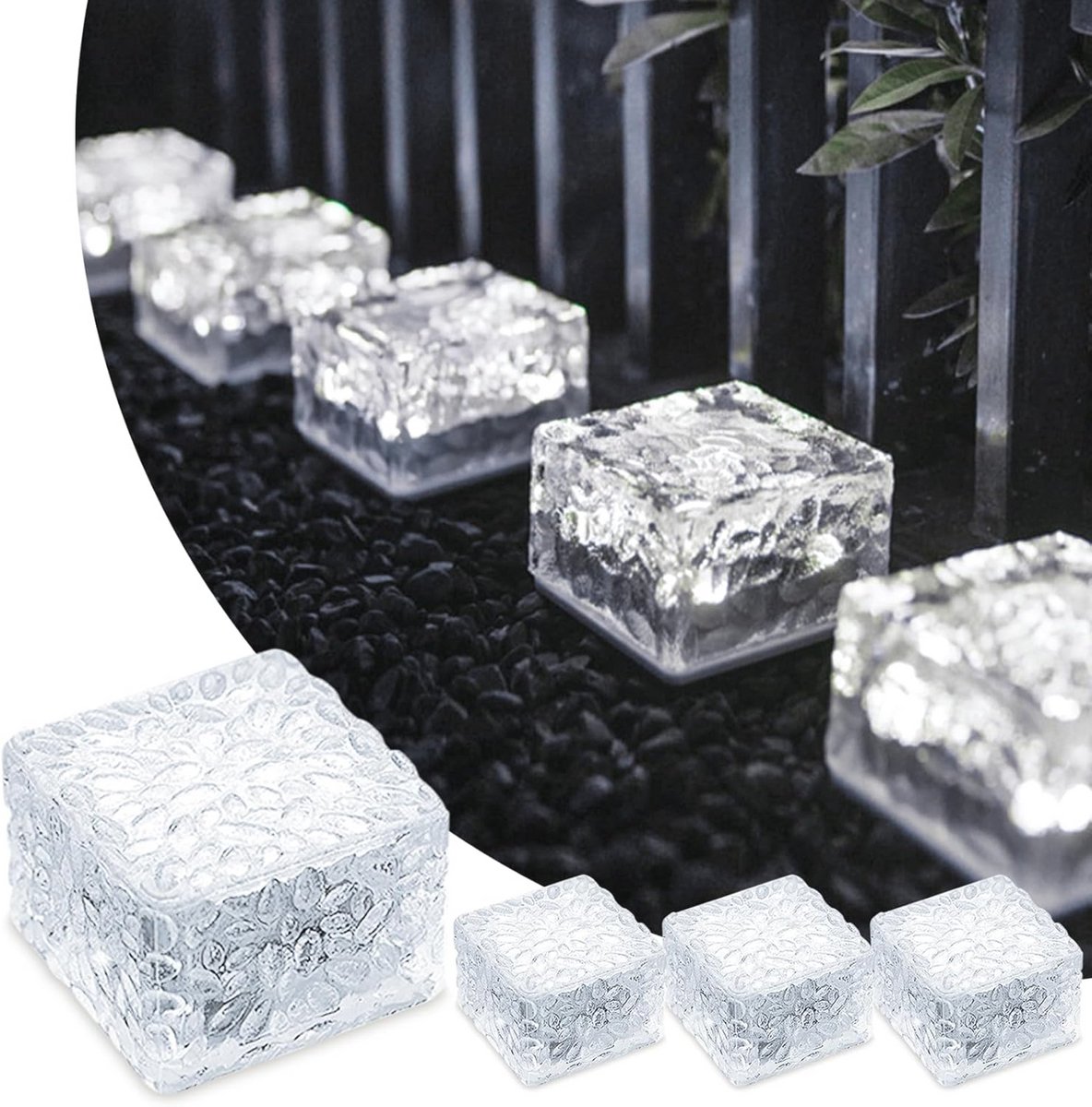 Set van 4 buitenverlichting glazen straatstenen met lichtsensor en zonne-energie voor tuin en patio