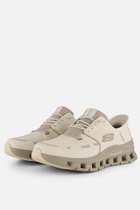 Luchtfoto van beige Skechers Slip-ins Glide Step instappers met vetersluiting en grijs accent.