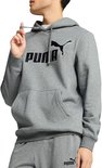 Grijze PUMA hoodie met zwarte PUMA logo opdruk op de borst en een kangoeroezak.