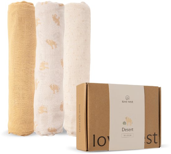 Love Nest Hydrofiele Doeken Desert – 120x120 cm – Set van 3 – Tetradoeken Baby – Ultra Zacht & Absorberend – Voor Jongens en Meisjes – Kraamcadeau