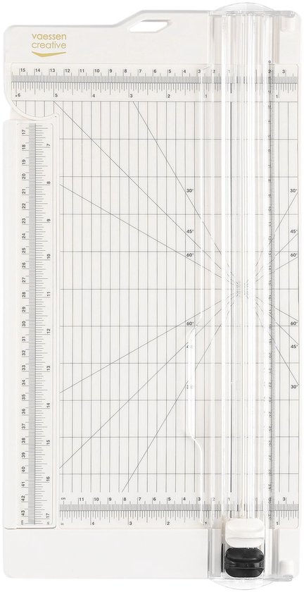 Witte papiersnijder met raster, diagonale lijnen en linialen.