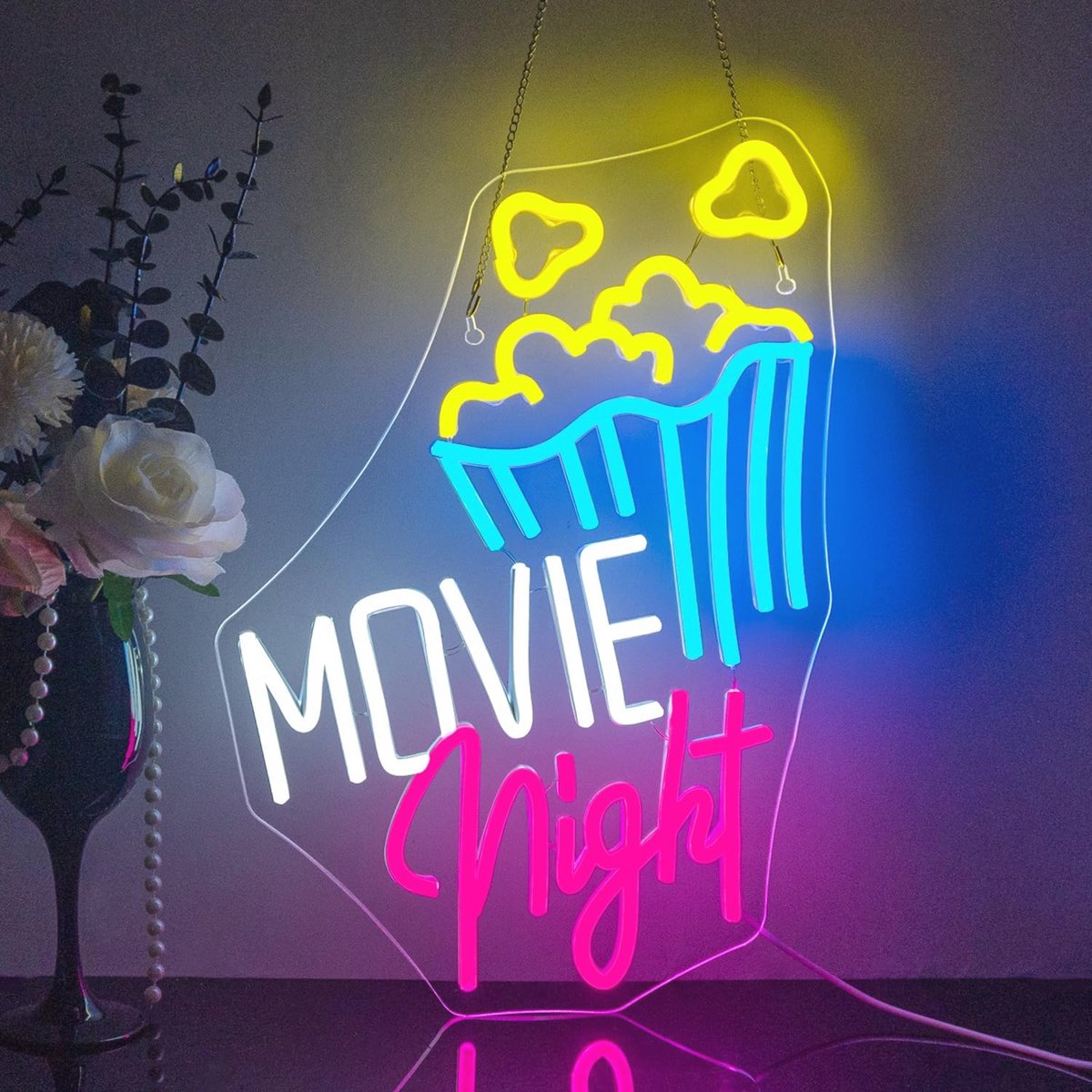Neonbord voor Movie Night met Popcorn - LED Lichtdecoratie voor Feest en Wandversiering