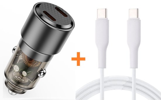 Autolader USB C 90W - 2 Poorten Type-C Snellader Met USB-C Naar USB-C Laadkabel - Sigarettenaansteker- 12v / 24v 12V / 24V Adapter Snellader 90W -USB lader - Zwart