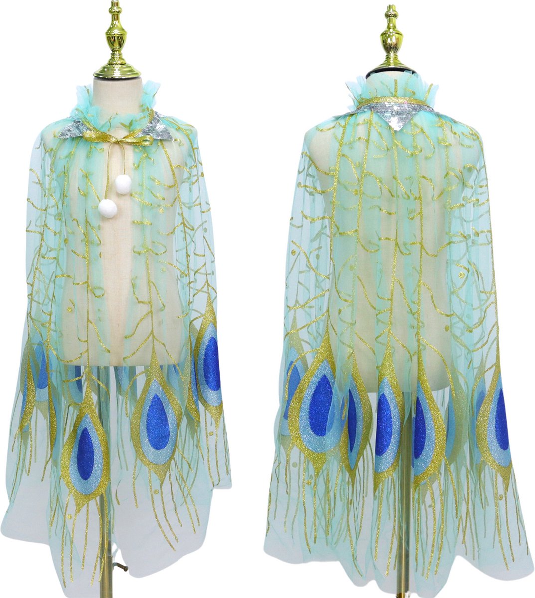 Joya Kids® Verkleedcape met Accessoires Blauw met Paauw Veren | Prinsessencape | Cape Set | Unicorn | Meisje Verkleedset | Carnvalskleding Meisjes | Met Kroon, Staf en Sieradenset — afbeelding 8