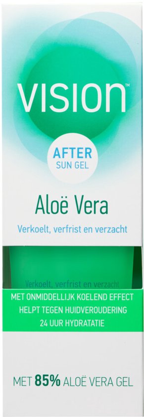 Doosje met Vision After Sun Gel Aloë Vera. Verkoelt, verfrist, verzacht, onmiddellijk koelend effect, 24 uur hydratatie, 85% aloë vera gel.