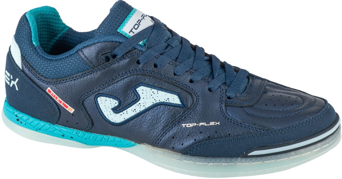 Marineblauwe Joma Top Flex 25 indoorschoenen voor mannen, maat 42,5, van grof leder met turquoise accenten.