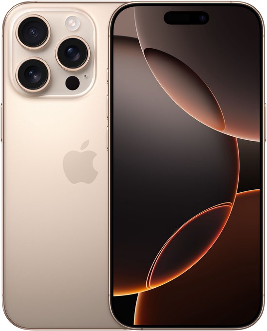 Gouden iPhone met Apple logo en drievoudig camerasysteem, naast het scherm.
