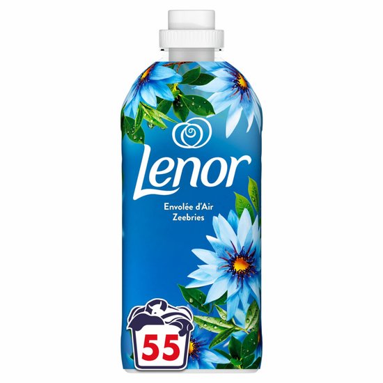 Bouteille d'adoucissant Lenor Zeebries avec des fleurs bleues et l'icône "55" lavages.