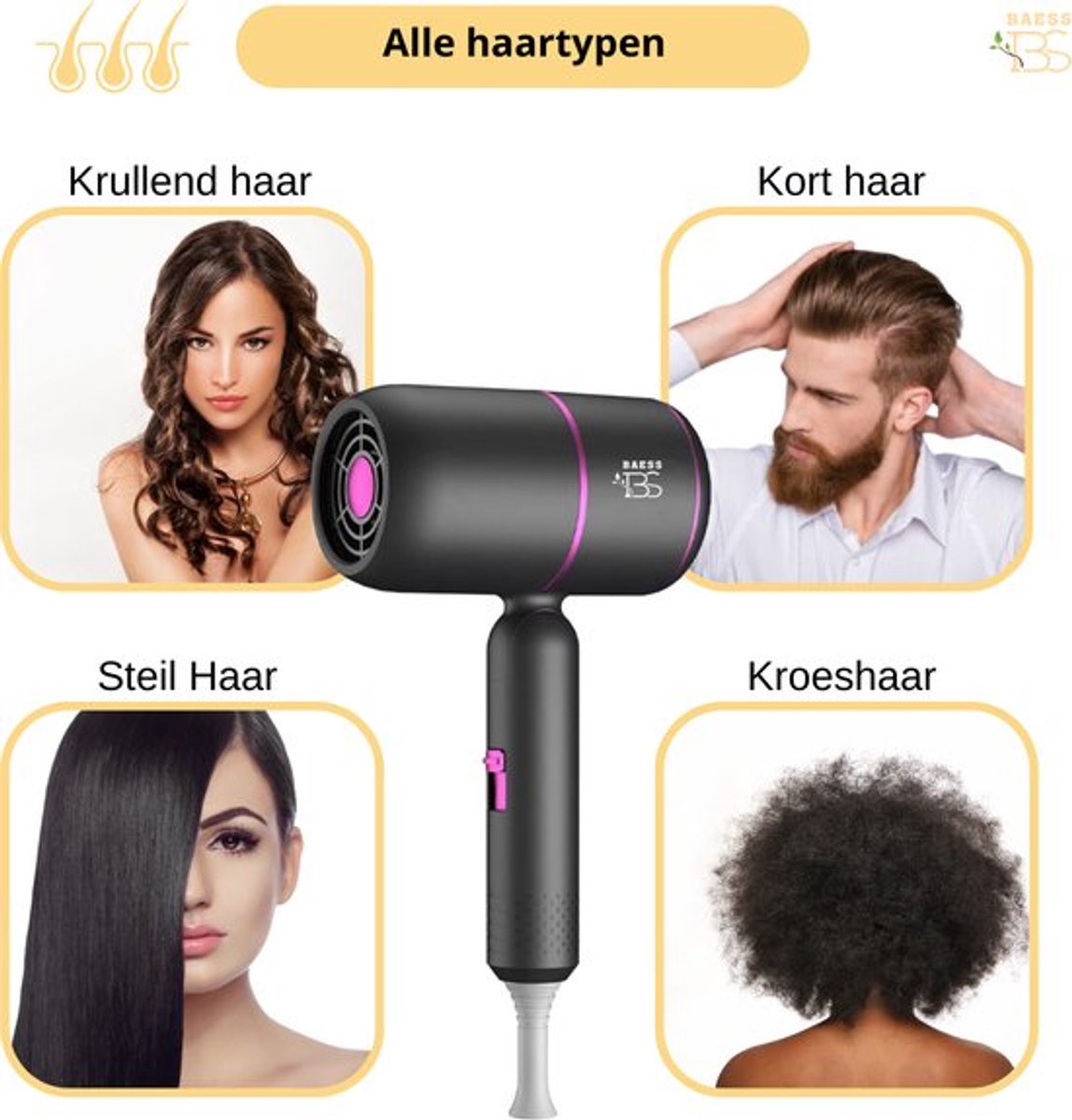 BAESS Föhn met diffuser - Reisföhn Inklapbaar - Ionische Haardroger - 2000W - Coolshot - Krullen - Haarföhn - Hair Dryer - Grijs thumbnail 7