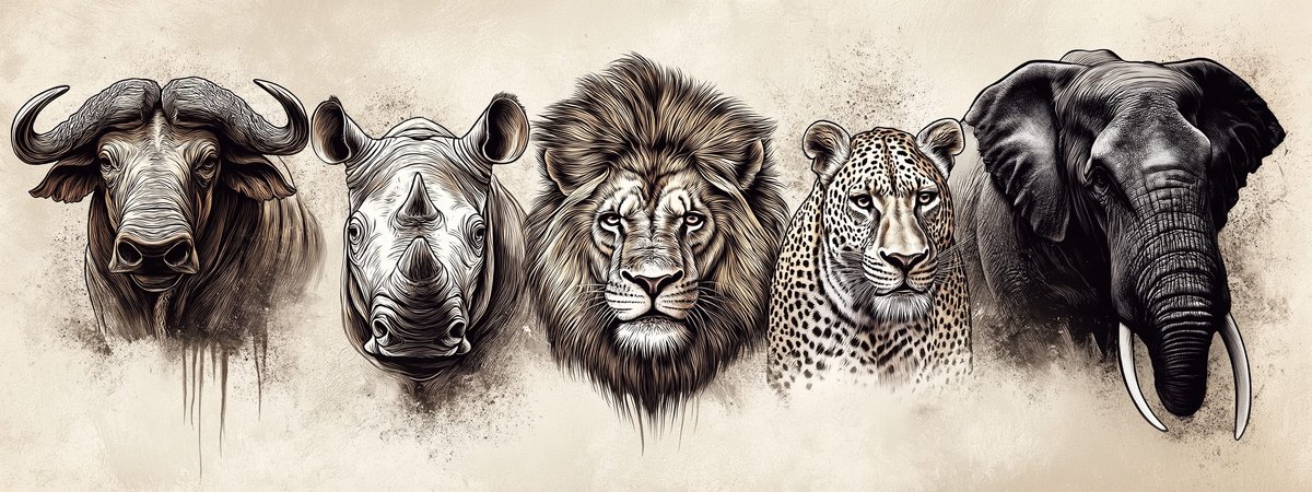 Tuinposter Afrika Big Five - Dieren Tuinposters voor Buiten - Tuin decoratie - 610 gram PVC - Weerbestendig Tuindoek - GW5676YR - Formaat 120 x 45cm