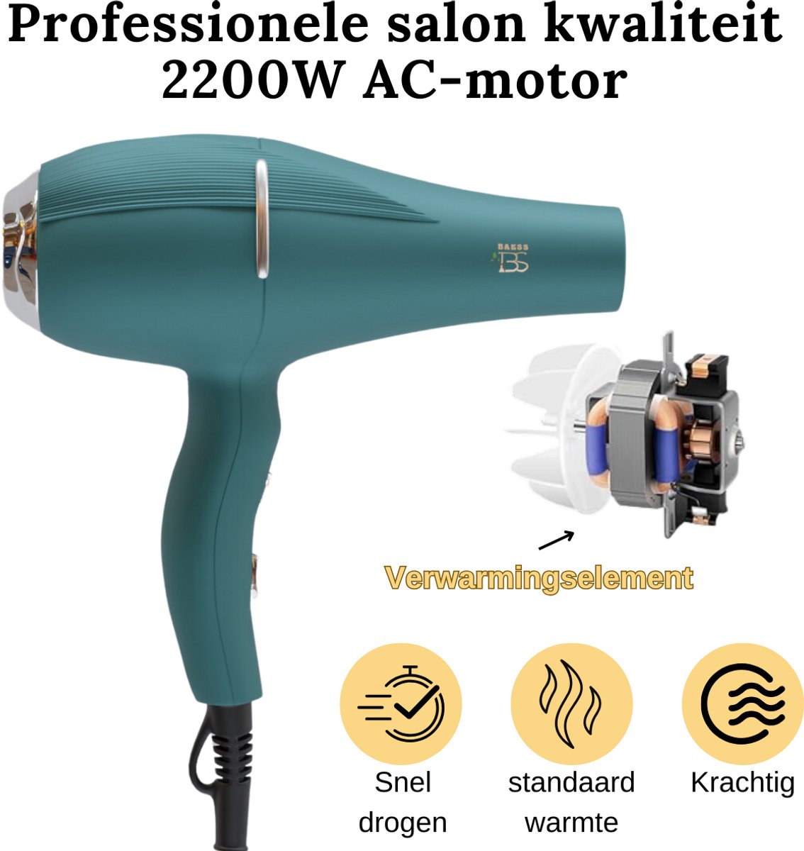 BAESS Föhn met Diffuser - 5 Standen - Ionische Haardroger met Borstel - Coolshot - 2200W - Haarföhn - Krullen - Hair dryer - Groen thumbnail 5
