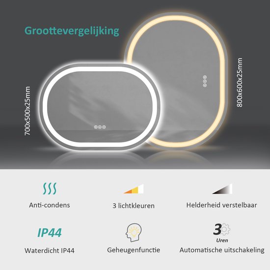 Ben Vita ovale spiegel met LED verlichting en anti-condens 50x100 cm Mat Goud