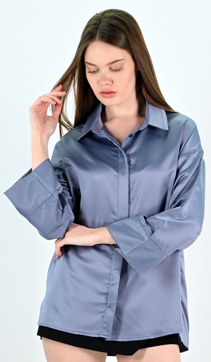 YesMooi - Satijnen Kimono Blouse - Blauw Grijs - XL (42)