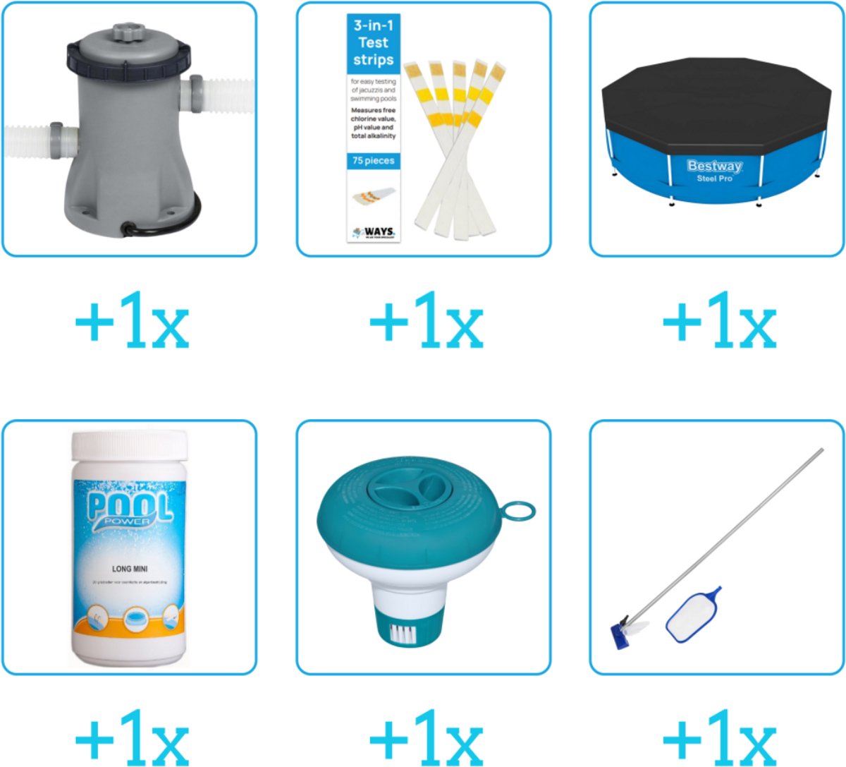 Accessoires voor Bestway Fast Set Opblaasbaar zwembad - 305x76 cm - Rond - Bestway - 57266 - Pomp - Testrips - Afdekzeil - Chloor - Chloordrijver - Schoonmaakset
