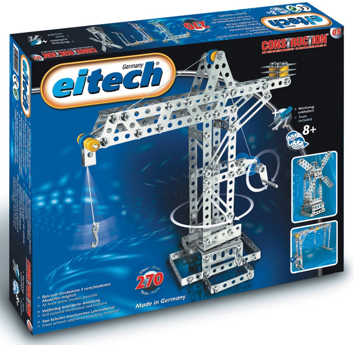 Eitech® Bouwdoos – Bouwkraan, Hefbrug en Windmolen – 270-delig – Metalen Bouwpakket met Gereedschap – Constructiespeelgoed – Vanaf 8 Jaar