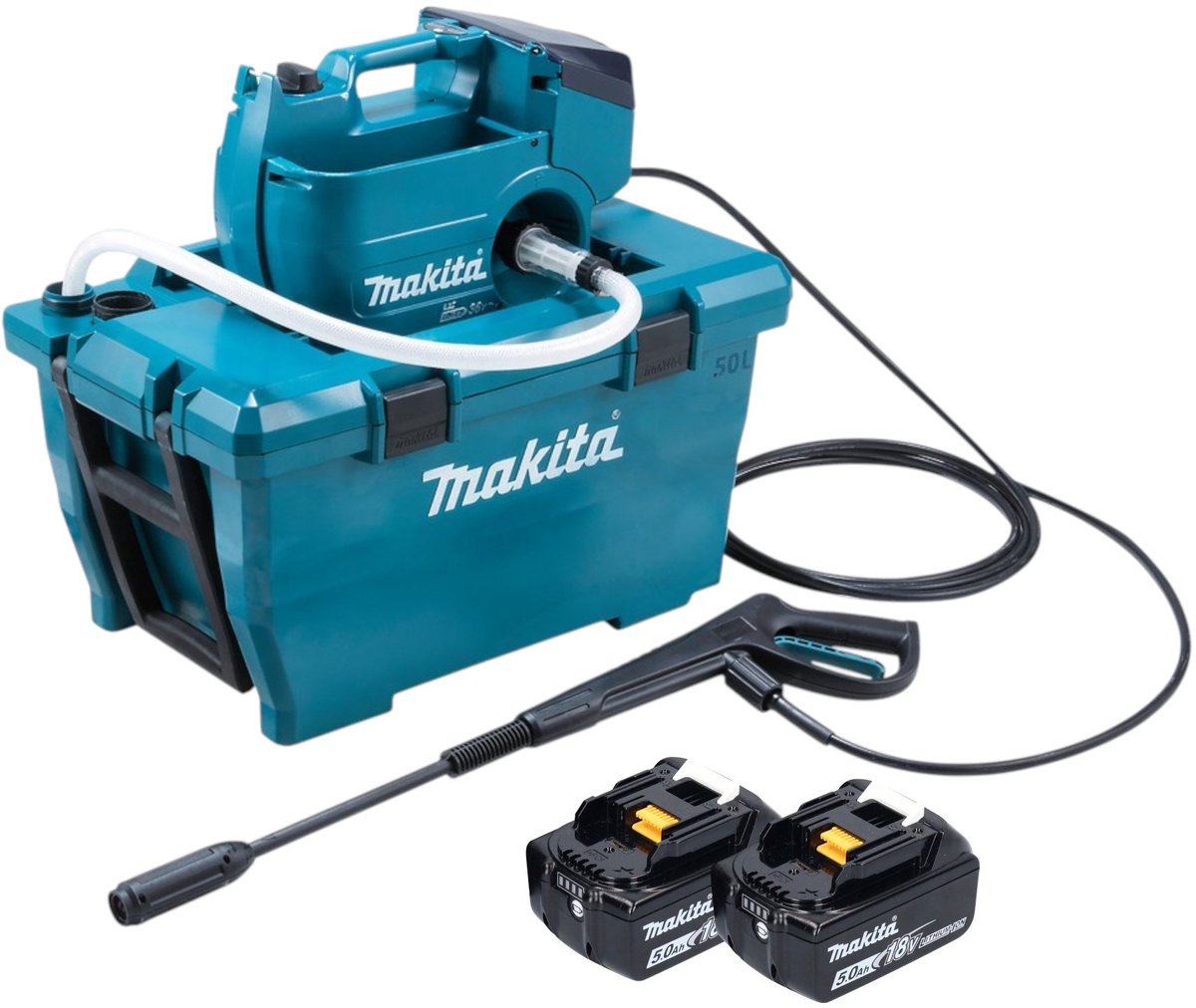 Makita DHW 080 T2K Snoerloze hogedrukreiniger 36 V ( 2x 18 V ) 80 bar 380 l/u Borstelloos + 2x accu 5.0 Ah - zonder lader