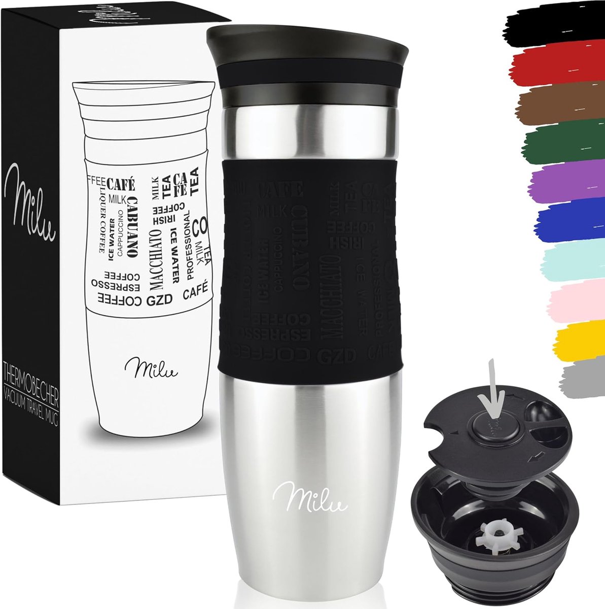 Milu Thermosbeker Koffie To Go - 370 & 450 ml - 100% Lekvrij - Thermobeker, Koffiebeker To Go, Drinkbeker van Roestvrij Staal - Autobeker Dubbelwandige Isolatie - Thermos Beker Auto- Travel mug - Thermo Beker (450 ml Zwart)