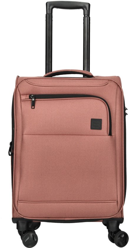 Roze koffer met visgraatpatroon, vier wielen, uitschuifbare handgreep en TSA-slot.
