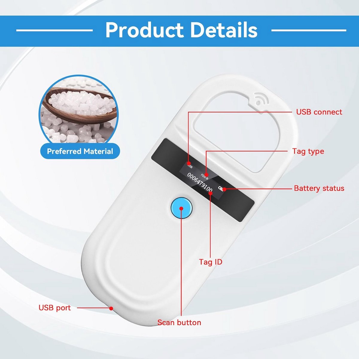Handheld Microchip Scanner voor Huisdieren - Oplaadbare RFID-lezer met OLED-display voor Dierenbeheer thumbnail 6