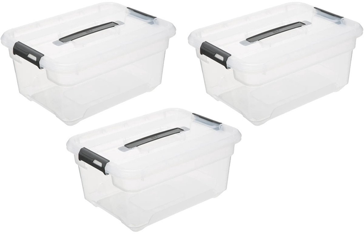 5Five® 5Five opberg kist met deksel - 3x - Solutions Box - 13 liter - 39 x 29 x 19 cm - kunststof - transparant