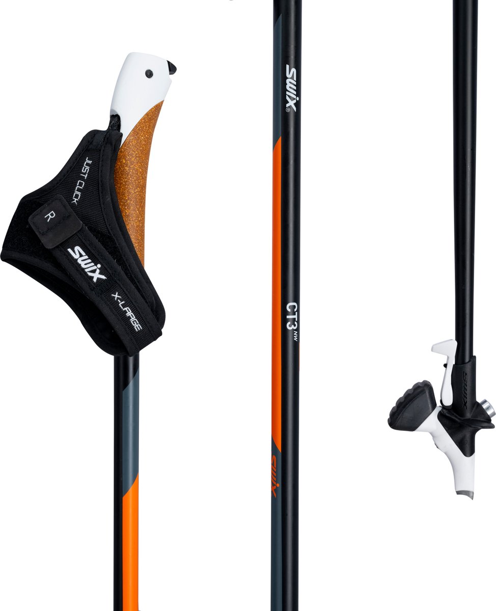 Swix CT3 Nordic Walking Stokken 100 – Lichtgewicht 80% Carbon – Just Click & Twist & Go Punt – Unisex – Zwart/Wit/Oranje – Per Paar