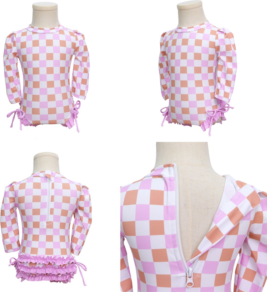 Joya Kids® Badpak Lange Mouw Lila, Roze en Wit Geblokt met Ruches en Strikjes Meisjes | Zwempak met ruches UV Badpak Lila en Roze | Zwempak Lange Mouw UV Bescherming Blokjes | Meisje Bikini Zomer | Kinderbadpak Peuter | — afbeelding 12