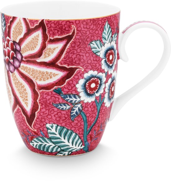 Fuchsia mok met een grote bloem met bruine en witte tinten, en blauwe en groene bloemen.