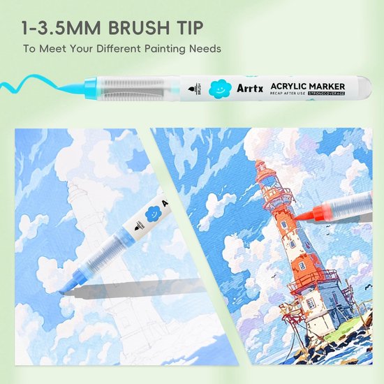 Een Arrtx acrylmarker met penseelpunt van 1-3,5 mm en een close-up van een vuurtoren geschilderd met de markers.