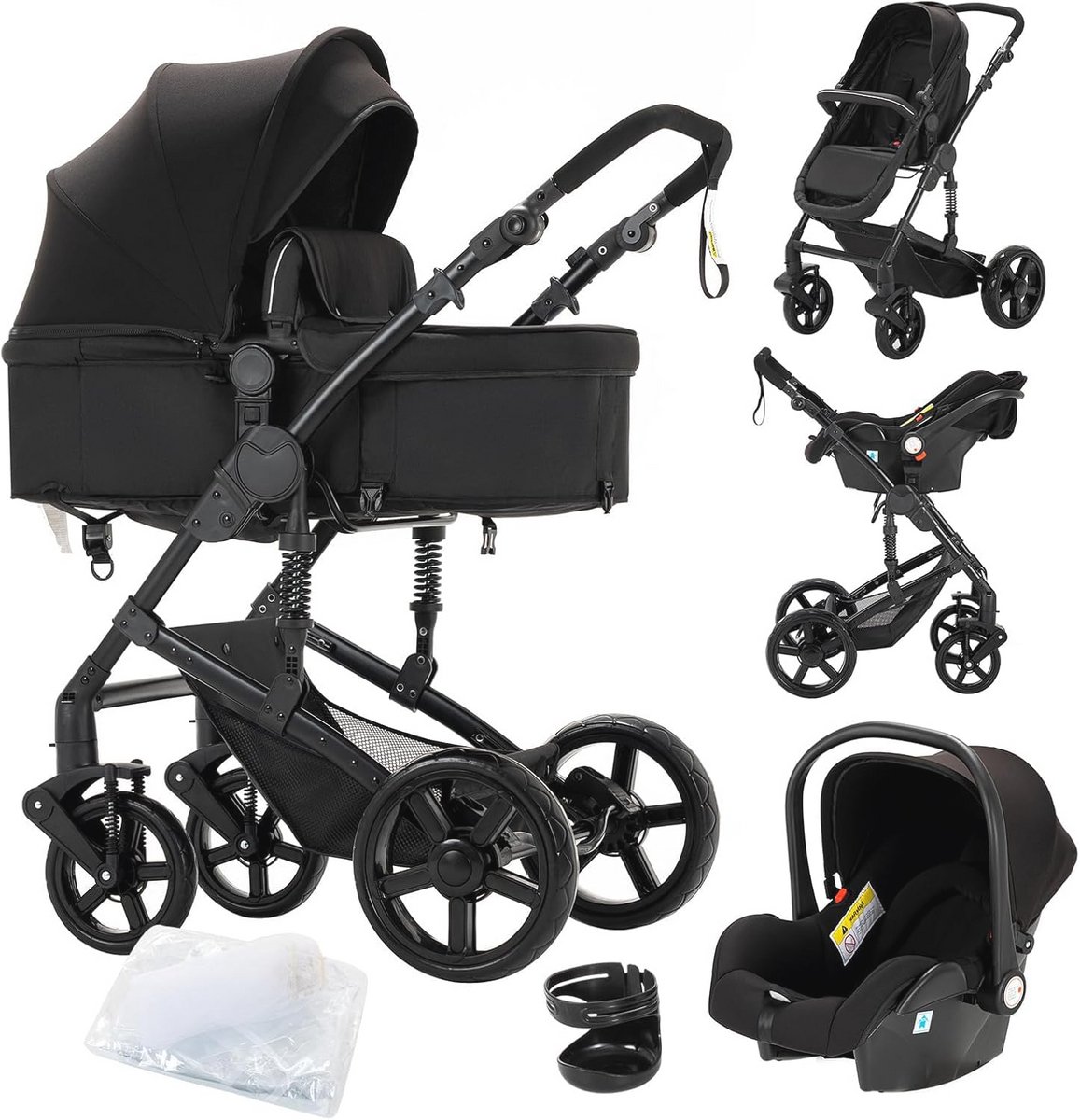 Image of 3-in-1 Kinderwagen met Omkeerbare Duwmodi - Opvouwbare Trio Kinderwagen voor Pasgeborenen