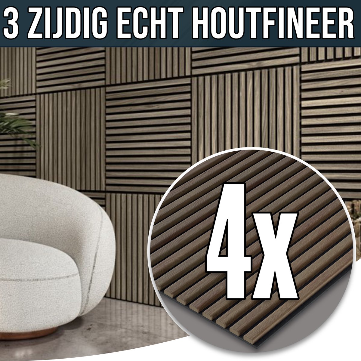 YSONIC Akoestische Wand Panelen - 4 Stuks - 60x60 - Echt Houtfineer - Luxe & Stijlvolle Geluidsabsorptie Eiken Akupaneel - 3 Zijdige Laminatie - Walnut