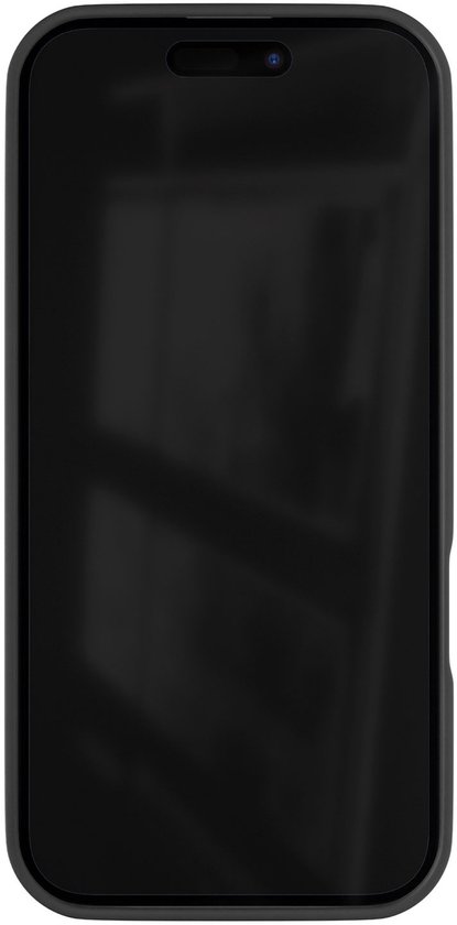 Zwart telefoonhoesje voor iPhone 16 Pro, voorkant met camera-uitsparing.