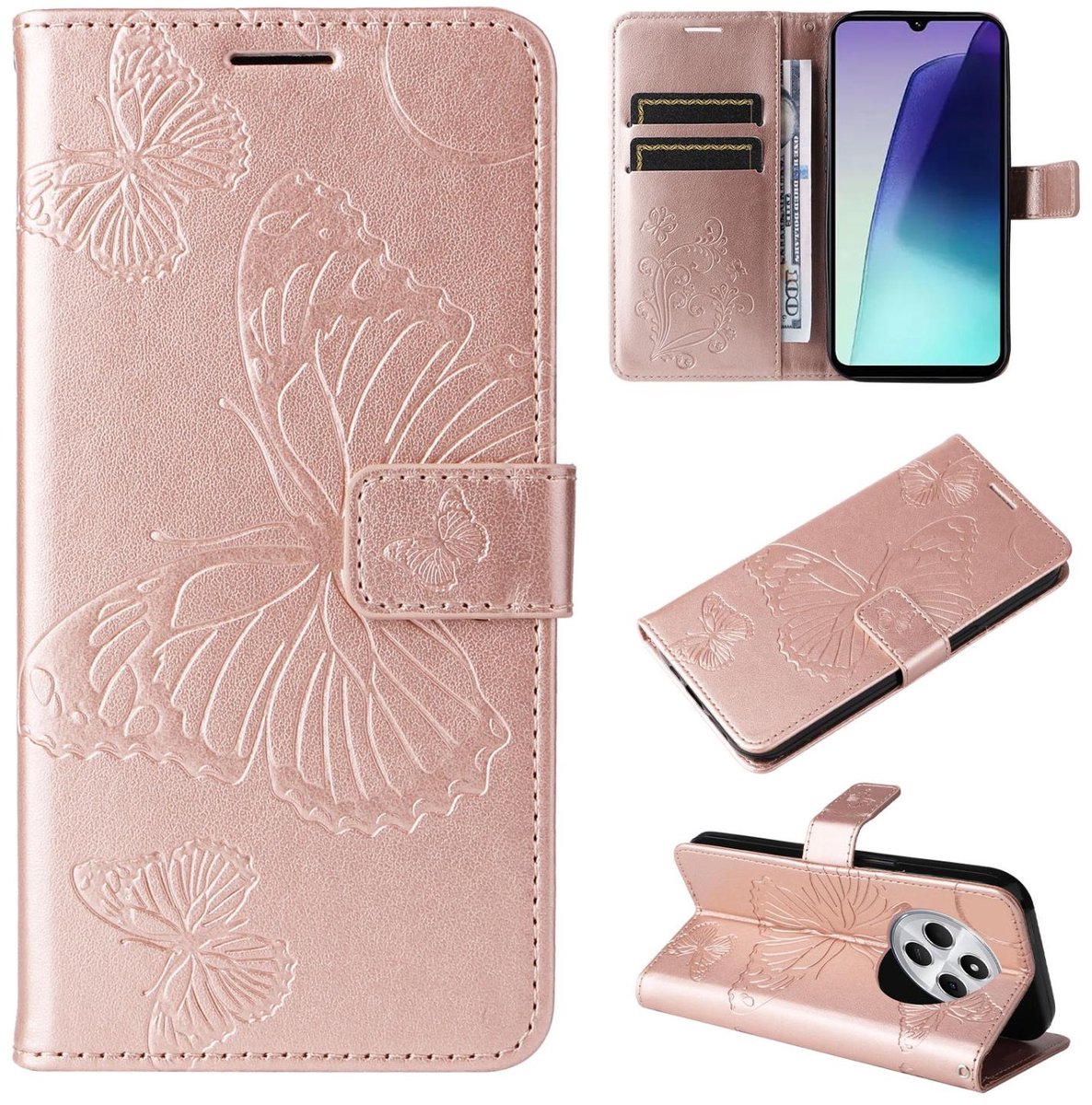 Mobigear Telefoonhoesje geschikt voor Xiaomi Redmi 14C Hoesje | Mobigear Butterfly Bookcase Portemonnee | Pasjeshouder voor 2 Pasjes | Telefoonhoesje voor Pinpas / OV Kaart / Rijbewijs - Roségoud