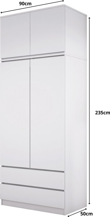 Afmetingen van een witte kledingkast: 90cm breed, 235cm hoog, 50cm diep.