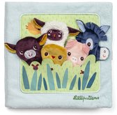Zacht babyboek met opdruk van gras en vogels, met vingerpoppetjes van een geit, kuiken, schaap, varken en ezel.