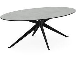 Ovale melamine eettafel - licht betonlook blad zwart onderstel - beton tafel 160 x 80 cm