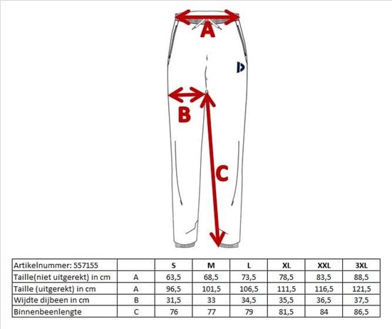 Maattabel voor donkere joggingbroek met maten A, B en C.